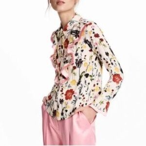 H&M‎ Multicolor Vintage Look Boho Western Floral Blouse With Pink Fringe Size 12